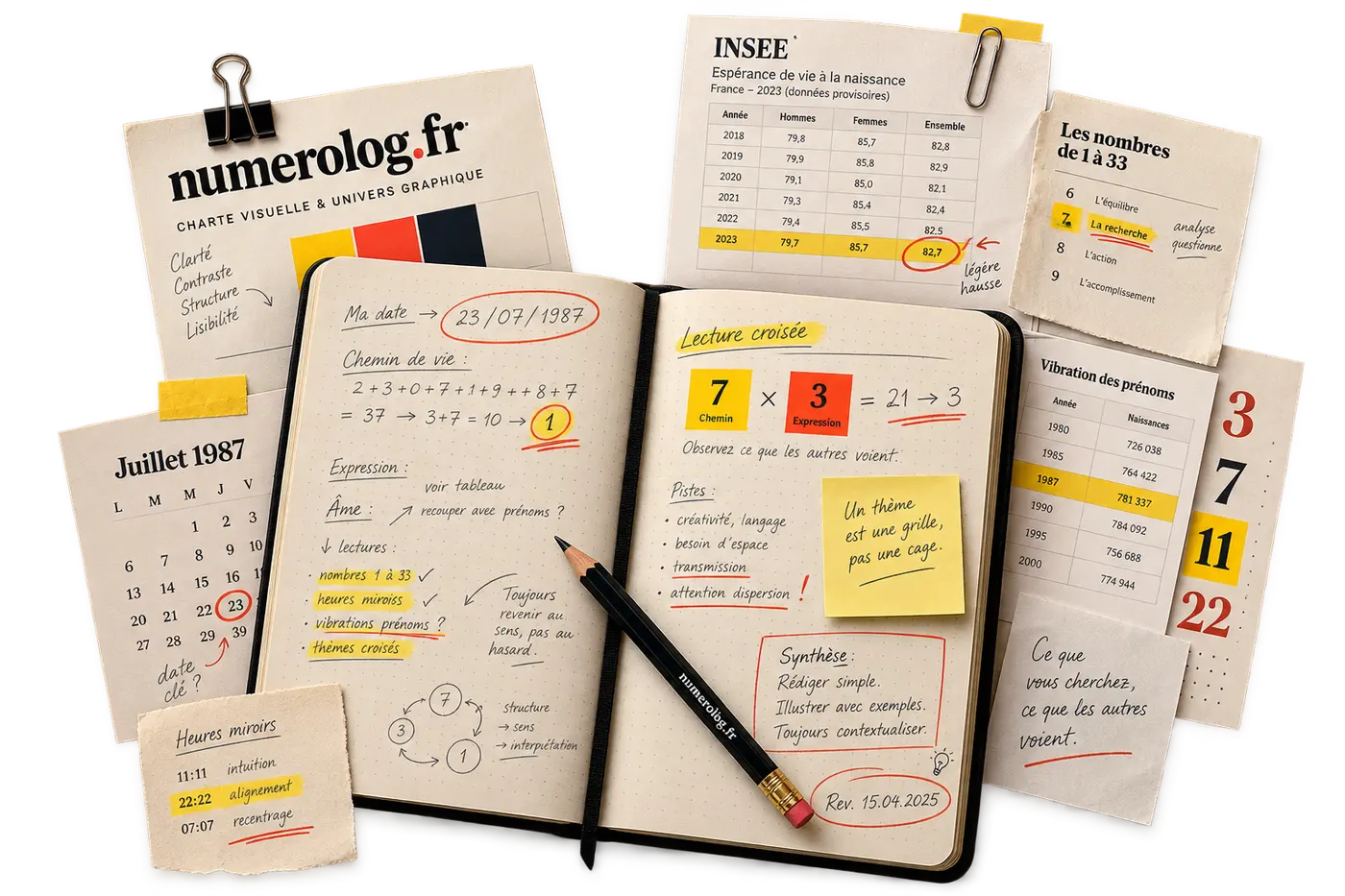 Carnet de travail, tableau INSEE annoté et charte visuelle posés sur une table