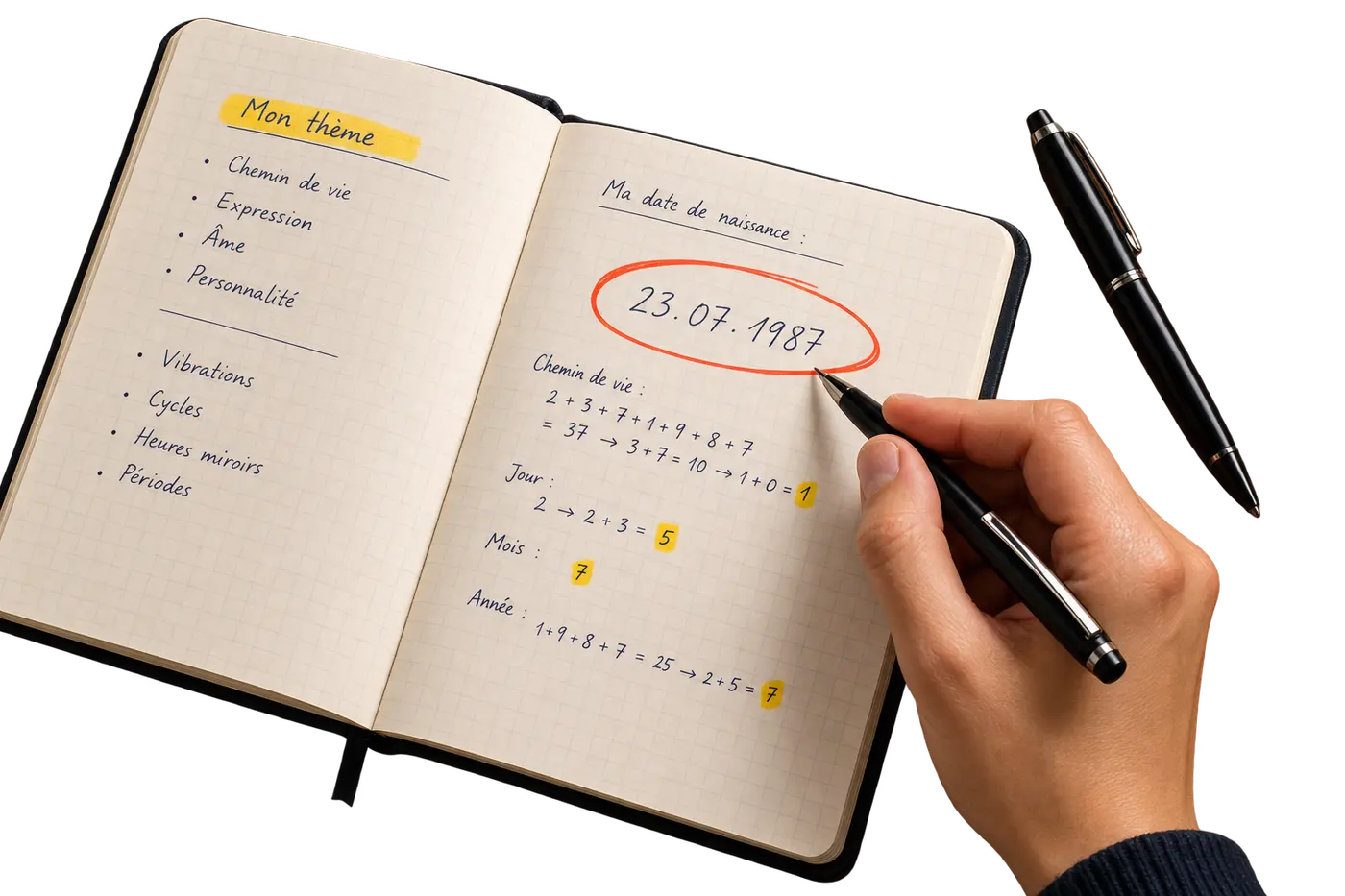 Un carnet ouvert, une date de naissance entourée au stylo rouge