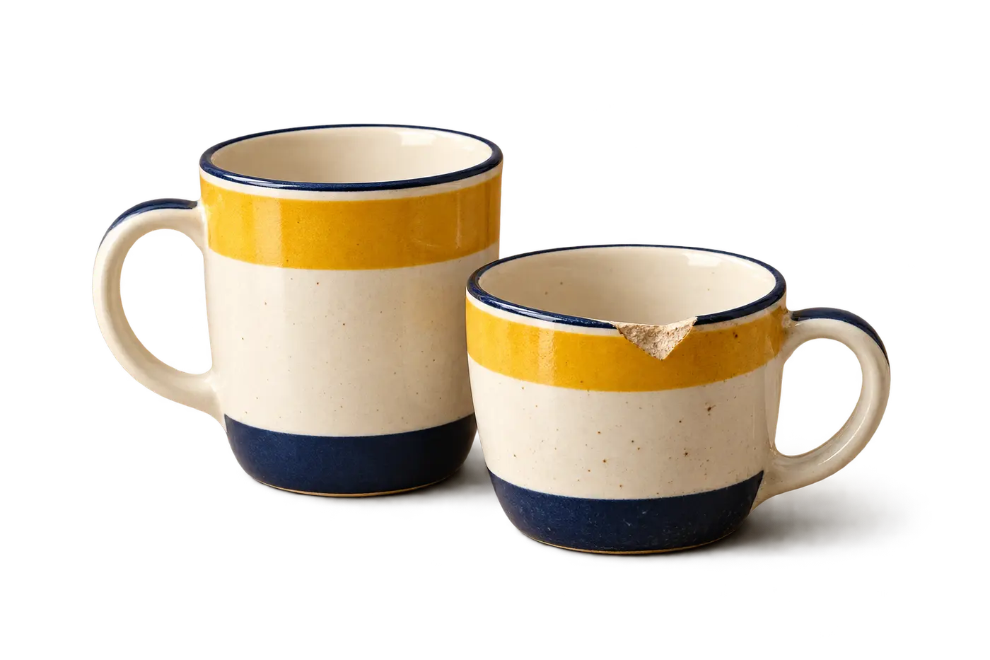 Deux tasses côte à côte sur une table de cuisine, l'une entamée